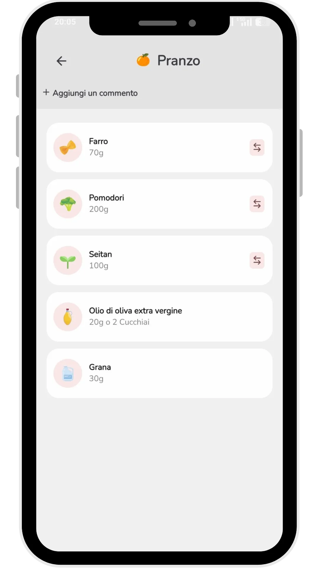 Dettaglio di un singolo pasto all'interno dell'app