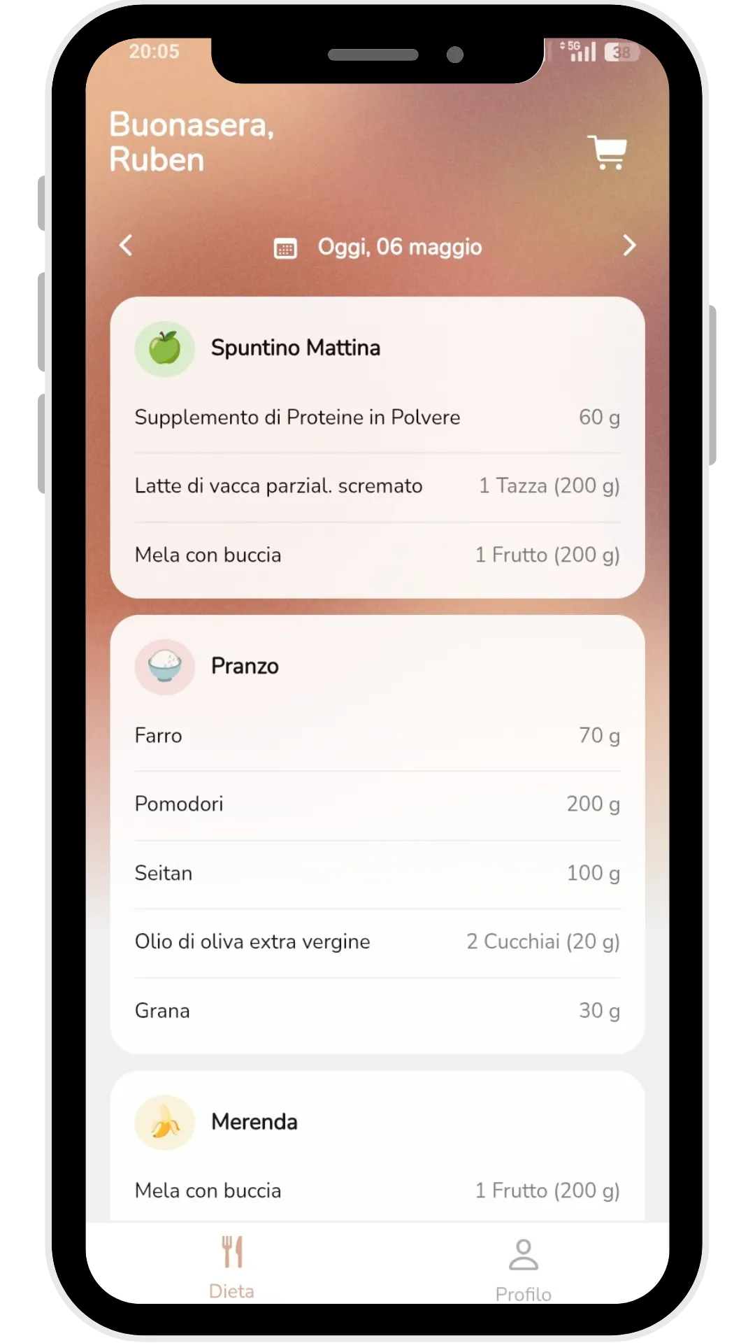Screenshot del menù settimanale personalizzato nell'app