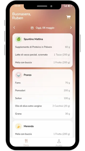 Screenshot del menù settimanale personalizzato nell'app