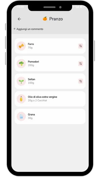 Dettaglio di un singolo pasto all'interno dell'app